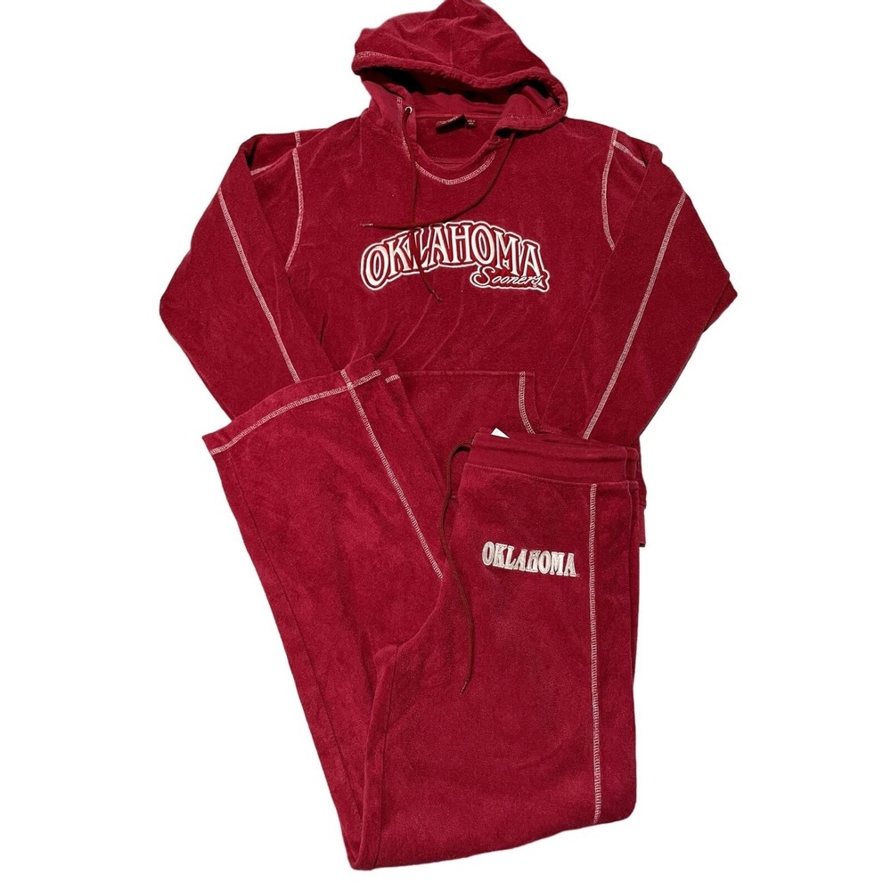 Red Oak Oklahoma Sooners Velour Tracksuit Set Crimson Red Hoodie Pants Medium S1
